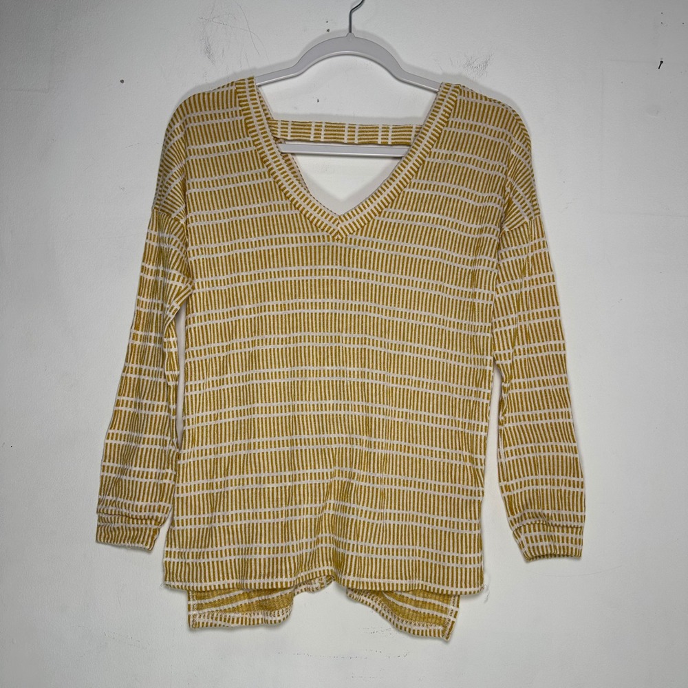 Daytrip Womens XS Mustard Yellow White Textured Stripe Lace Up Back V-Neck Top
